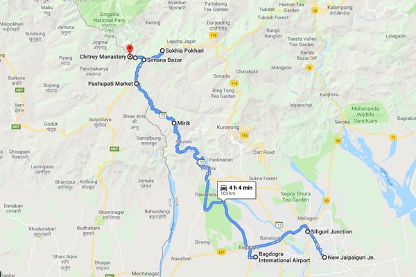 njp-bagdogra-siliguri-to-sandakphhu-trek-base-maneybhanjung-chitrey-road-map