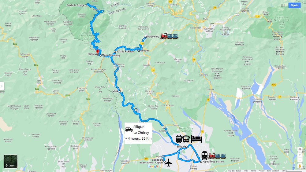 siliguri-njp-bagdogra-to-sandakphu-phalut-trek-base-camp-road-route-map