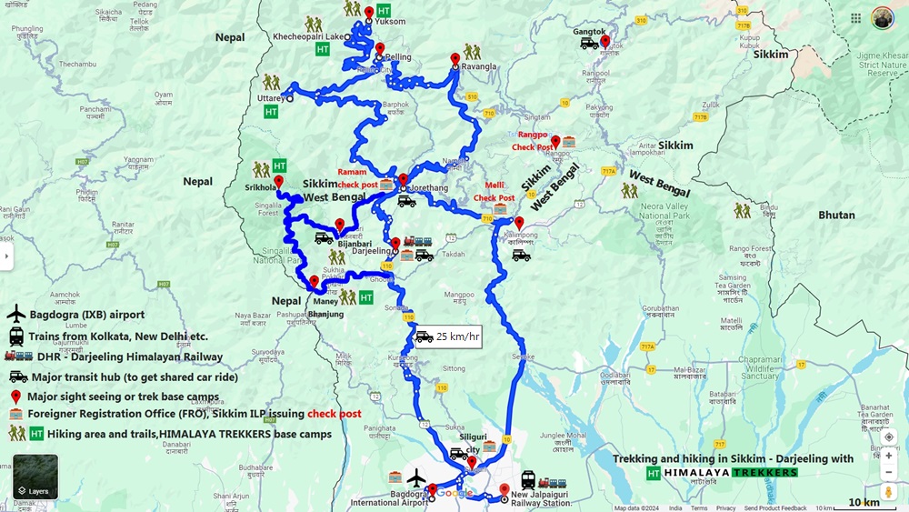 njp-bagdogra-darjeeling-sikkim-road-map-connecting-trek-hike-base-camps