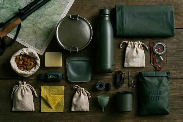 Low-waste Himalayan trek packing: tiffin, bottle, beeswax wrap, silicone pouch, eco waste bag